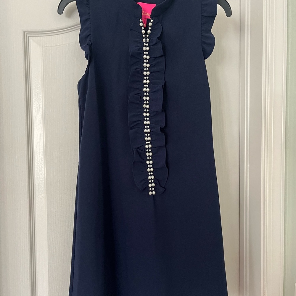 Lilly Pulitzer Navy Blue Ruffle Dress with Pearl Accents. New.